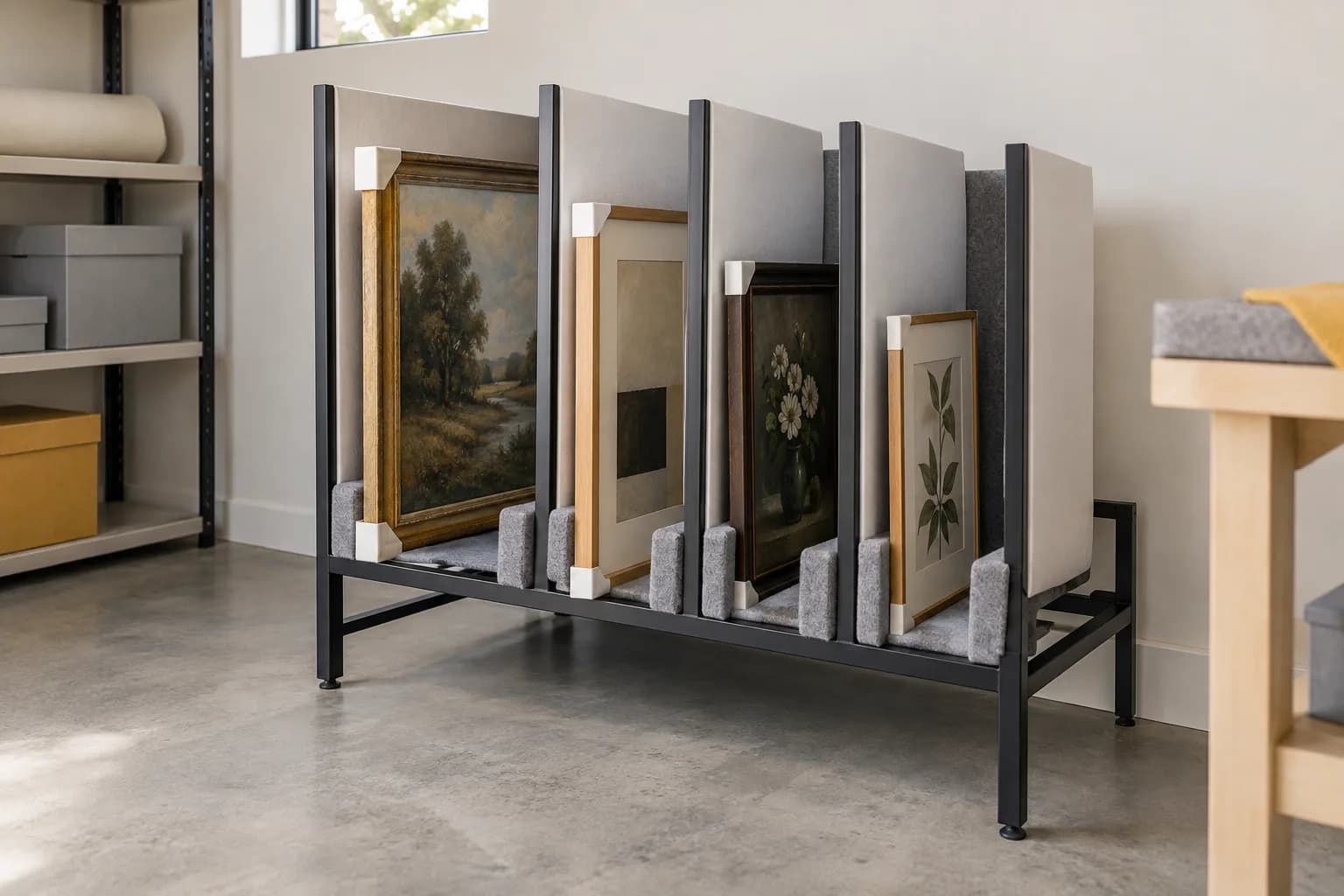 Quadros separados e armazenados verticalmente em suporte elevado do piso